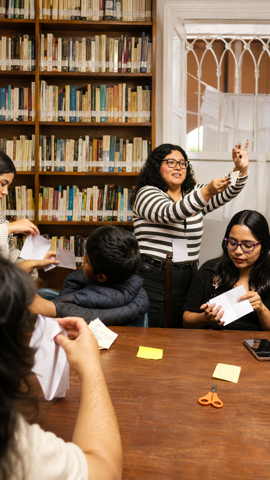 Julia Castillo acompañando a un participante durante su LAVAPasantía en la Biblioteca Abraham Valdelomar